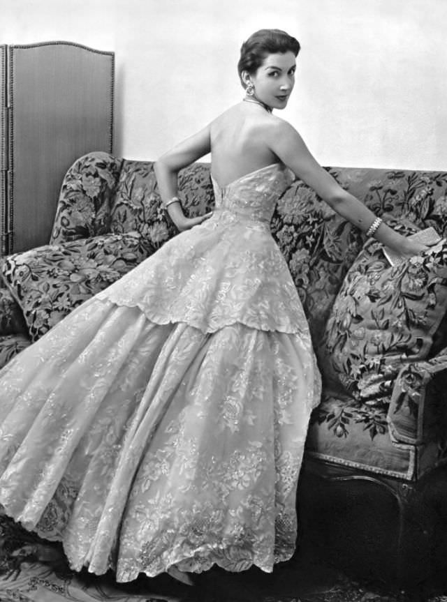 Model In Beautiful Pale Rose Lace Gown By Jacques Heim, Photo By Philippe Pottier, 1955