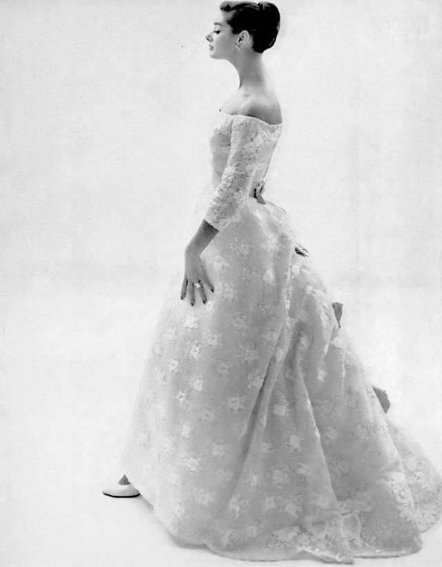 Jacky Mazel In Beautiful Marescot Lace Evening Dress By Jacques Heim, Photo By Guy Arsac, 1957