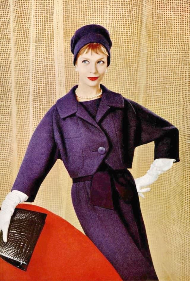 Gunila In Purple Wool Dress And Jacket, Dress Cinched With Knotted Suede Belt, By Jacques Heim, Photo By Philippe Pottier, 1958