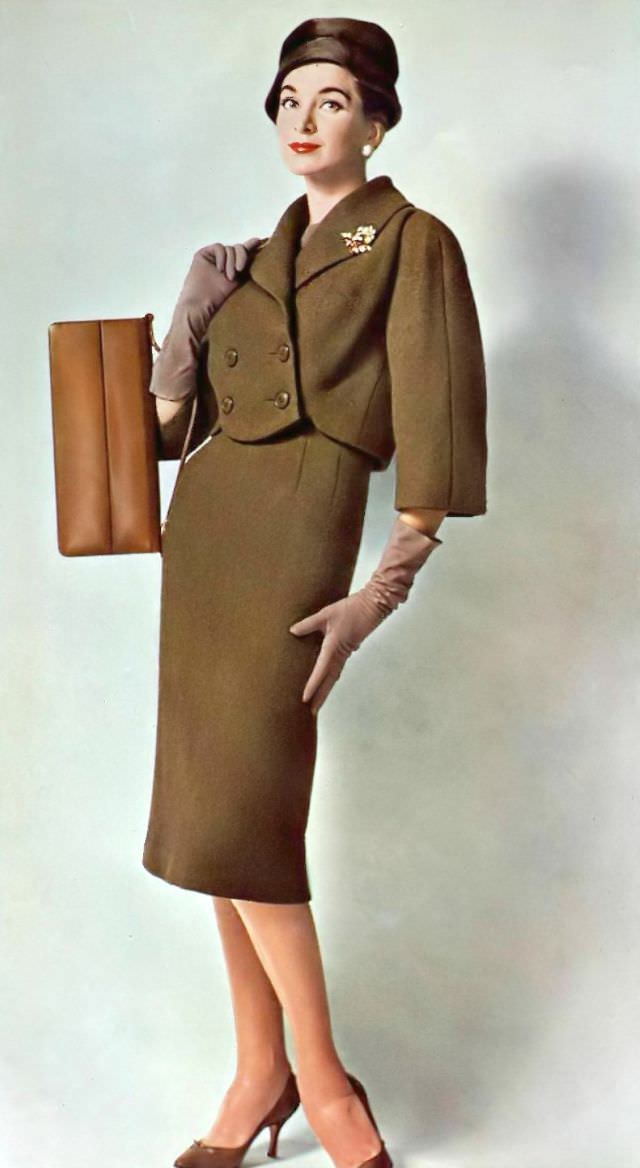 Model In Tobacco Tweed Dress With Short Jacket By Jacques Heim, Photo By Georges Saad, 1958
