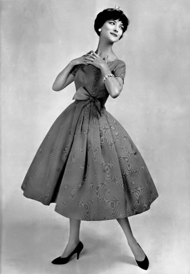 Rose Marie In Red Silk Moiré Party Dress By Jacques Heim, Jewelry By Vendome, Photo By Philippe Pottier 1958