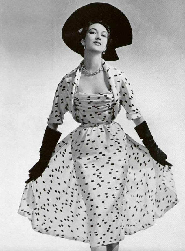 Teresita Montez In Yellow And Black Print Dinner Dress With Removable Bolero By Jacques Heim, Photo By Seeberger Bros., 1951
