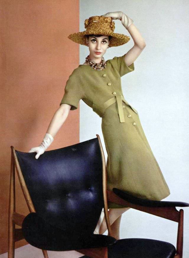 Model In Wool Dress With Bell Skirt Tied With Leather Belt In Front By Jacques Heim, Photo By Philippe Pottier, 1959