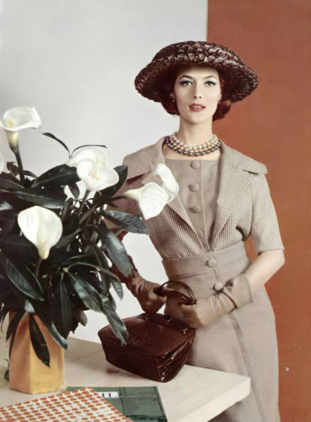 Rose Marie In Wool Dress With Checked Short Faux Bolero, By Jacques Heim, Hat By Heim/Svend, Croc Handbag By Ferest, Photo By Philippe Pottier, 1959