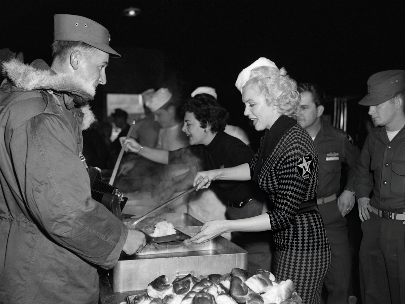 Marilyn Monroe Serves Up Lunch In A Mess Line, 1954.
