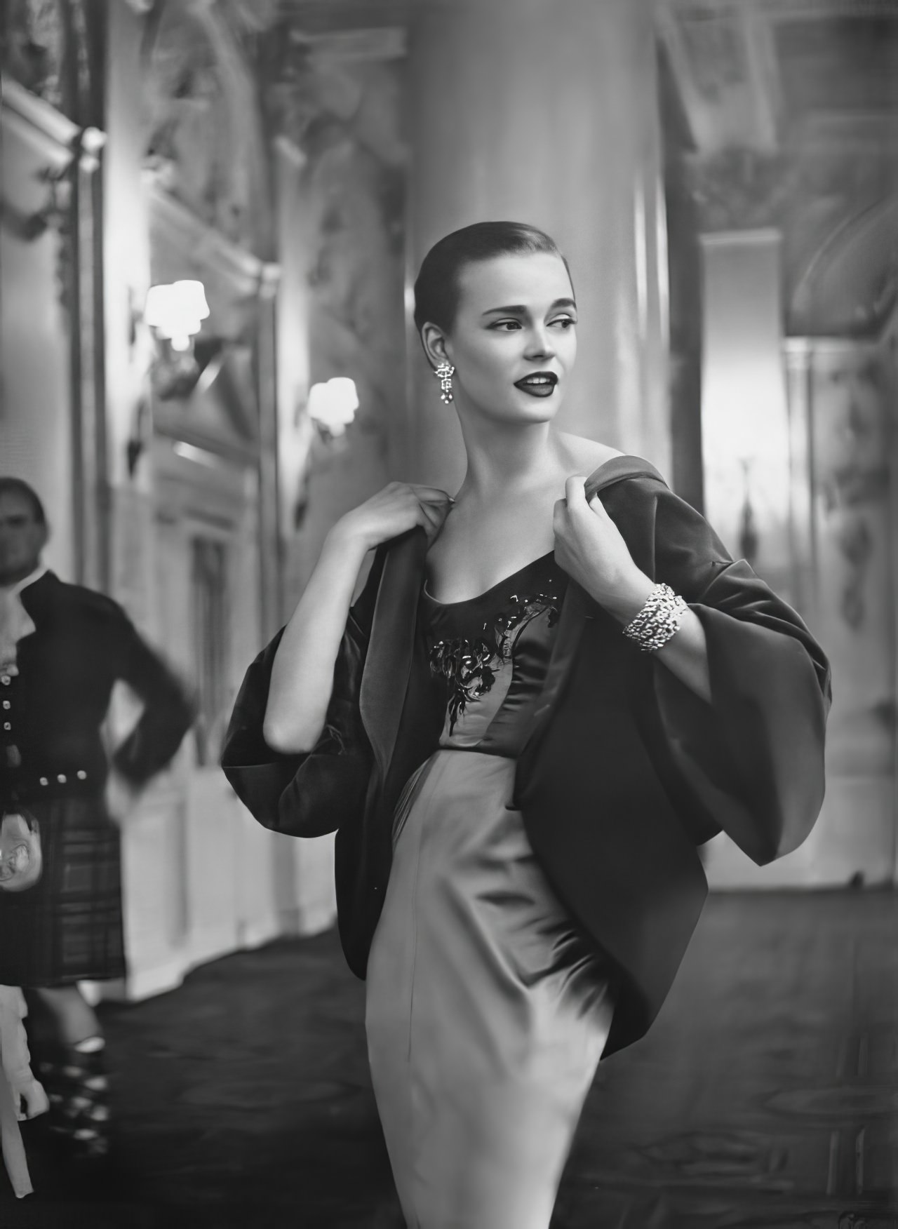 Susan Abraham In A Column Of Delphinium-Blue Satin, 1953.