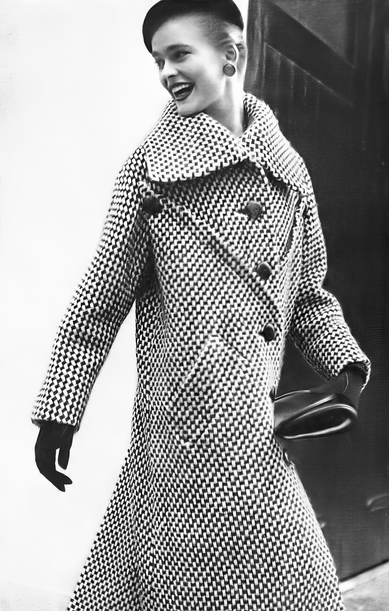 Susan Abraham In A Bold Black And White Basket-Tweed Coat, 1953.
