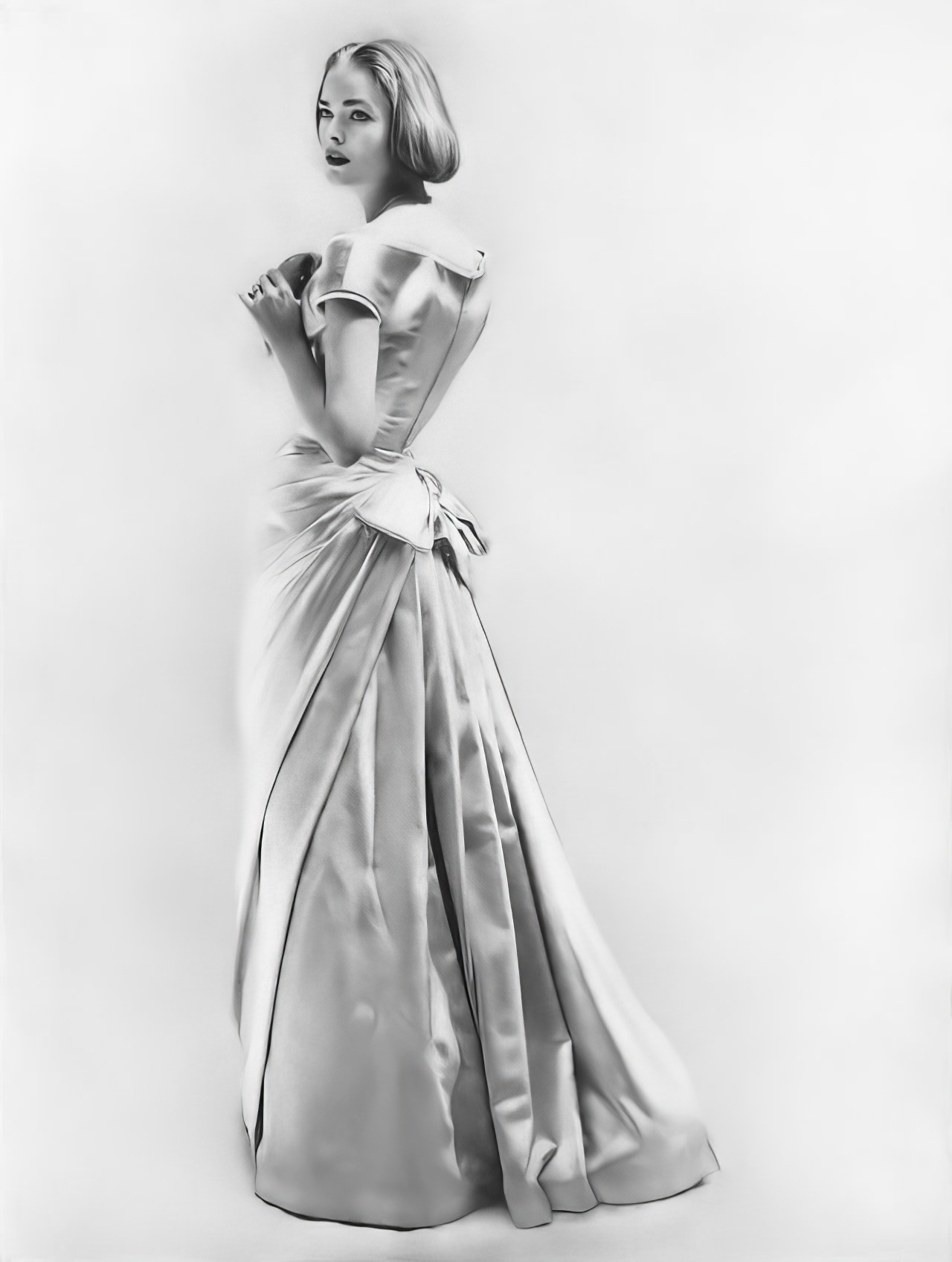 Susan Abraham In An Evening Dress Of Eglantine Satin, 1956.