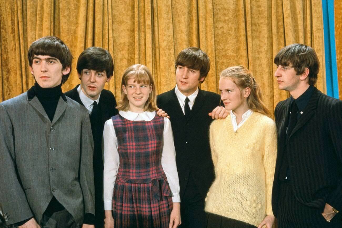 The Beatles, From Left George Harrison, Paul Mccartney, John Lennon, Ringo Starr With Two Young Fans During Their Appearance On The Television Variety Series The Ed Sullivan Show, New York City, 1964.