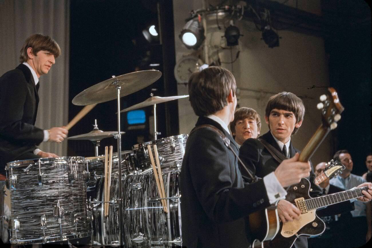 The Beatles, From Left Ringo Starr, Paul Mccartney, John Lennon, George Harrison, Performing On The Television Variety Series, &Amp;Quot;The Ed Sullivan Show&Amp;Quot;, New York City, 1964.