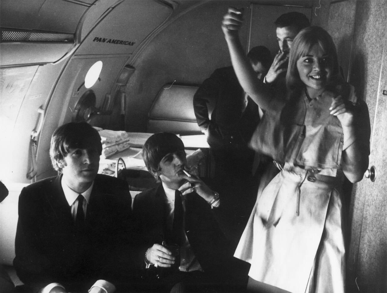 The Beatles On Pan Am Flight 101 From London Heathrow Airport To New York For A 10-Day Tour Of The United States Of America, 1964.