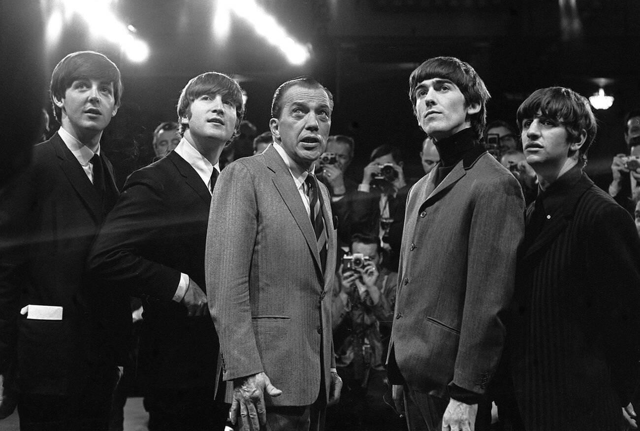 John Lennon, Paul Mccartney, Ringo Starr, And George Harrison With Ed Sullivan For The Ed Sullivan Show, 1964.