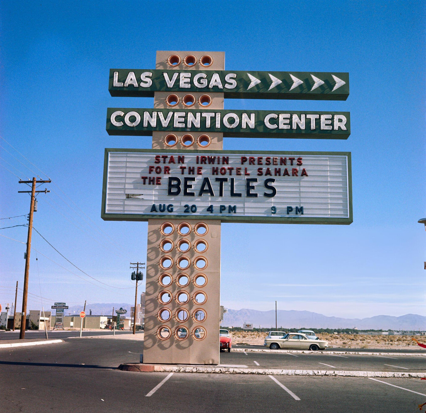 Las Vegas Convention Center'S Billboard Advertising Two Performances Sensations By The Beatles. The Concerts Are Scheduled For 4 Pm And 9 Pm, 1964.