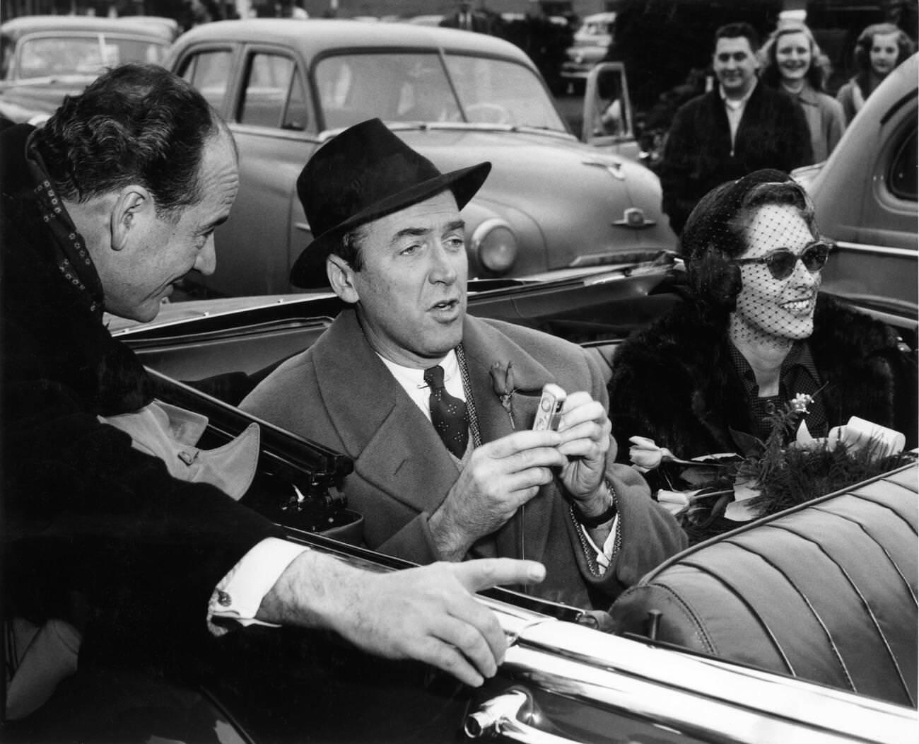 Director Anthony Mann With James Stewart And His Wife Gloria In Portland, Oregon, For The Premiere Of 'Bend Of The River', 1952.