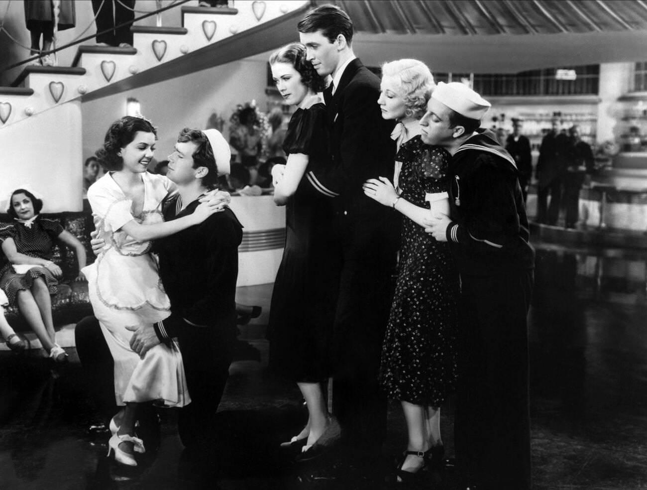 Frances Langford, Sid Silvers, Una Merkel, James Stewart, Eleanor Powell, And Buddy Ebsen In ‘Born To Dance’, 1936.