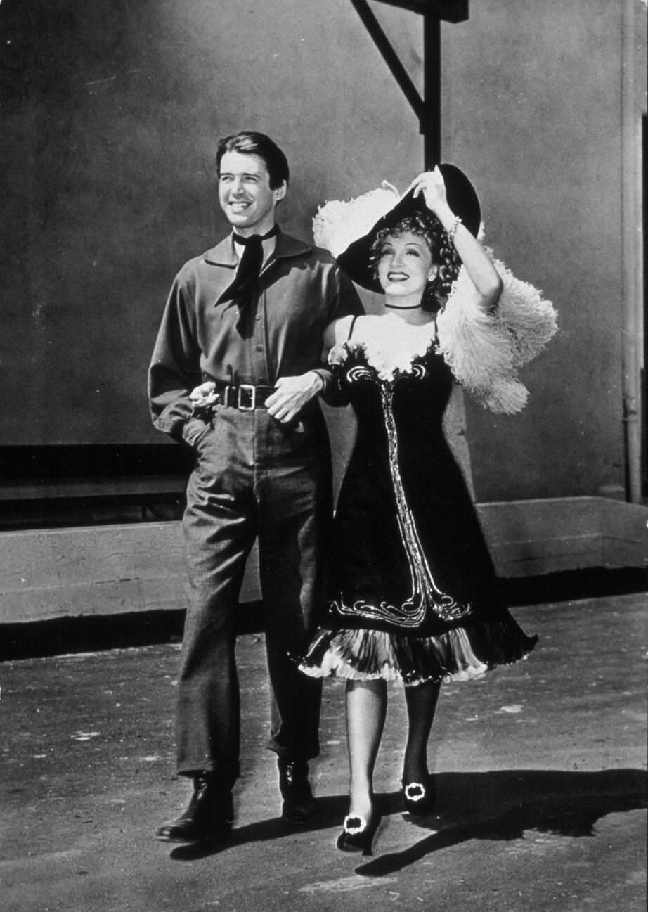 Marlene Dietrich, George Marshall, And James Stewart In ‘Destry Rides Again’, 1939.