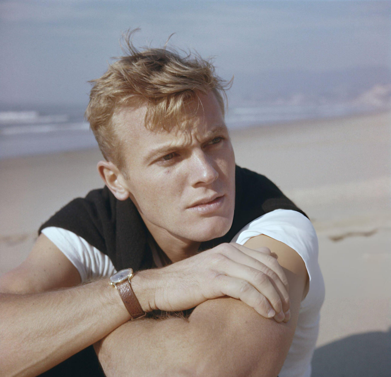 Tab Hunter On A Beach, 1955.