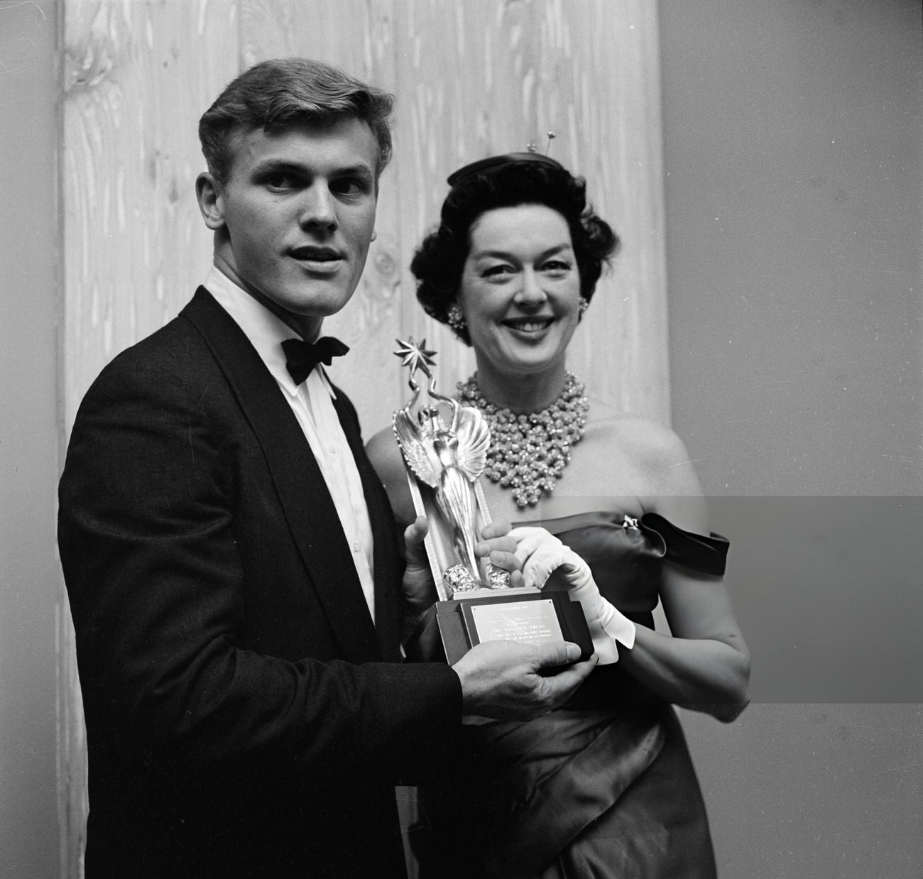 Rosalind Russell Giving Tab Hunter The Audie Award, 1955.