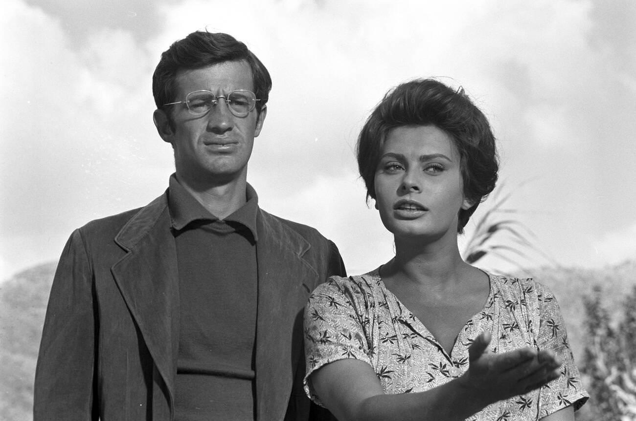 Jean-Paul Belmondo And Sophia Loren On The Set Of 'La Ciociara', 1960.