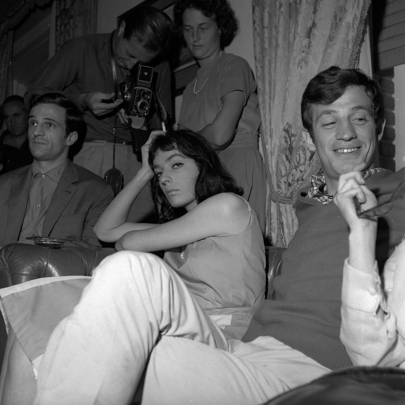 Francois Truffaut, Marie Laforet, And Jean-Paul Belmondo At The Mar Del Plata Film Festival, 1962.