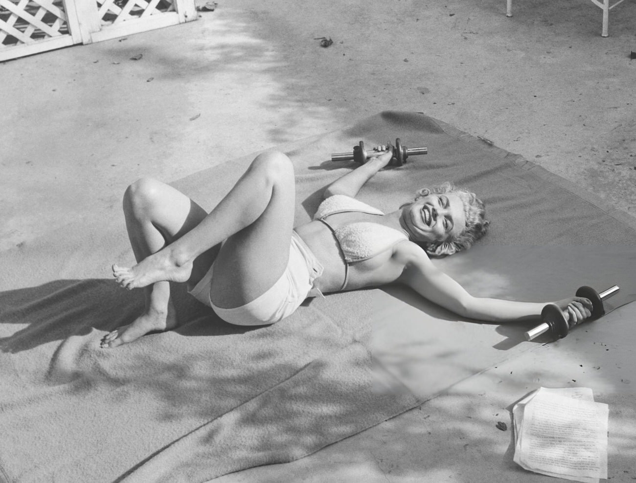 Marilyn Monroe With A Pair Of Dumbbells At The Hotel Bel-Air, 1953.