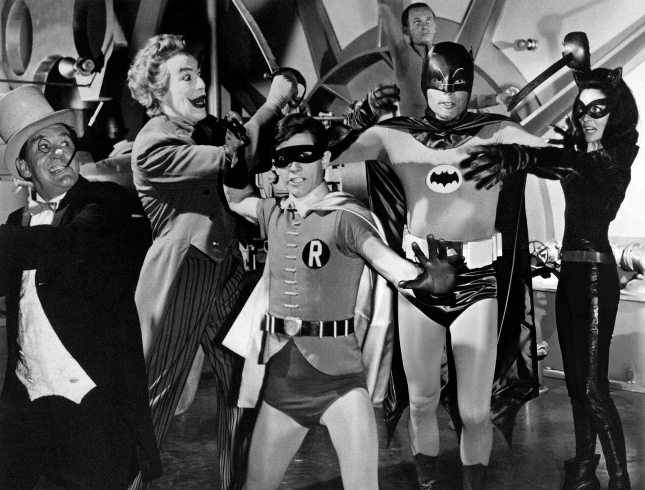 Burgess Meredith As The Penguin, Cesar Romero As The Joker, Burt Ward As Robin, Adam West As Batman And Julie Newmar As Catwoman In The Tv Series Batman, 1966.