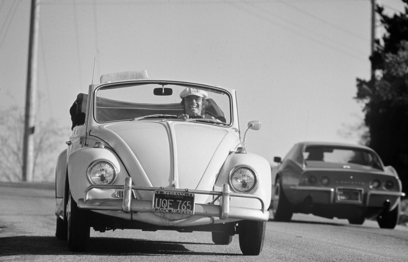 Jack Nicholson Drives His Yellow Volkswagen Convertible, Los Angeles, 1969.