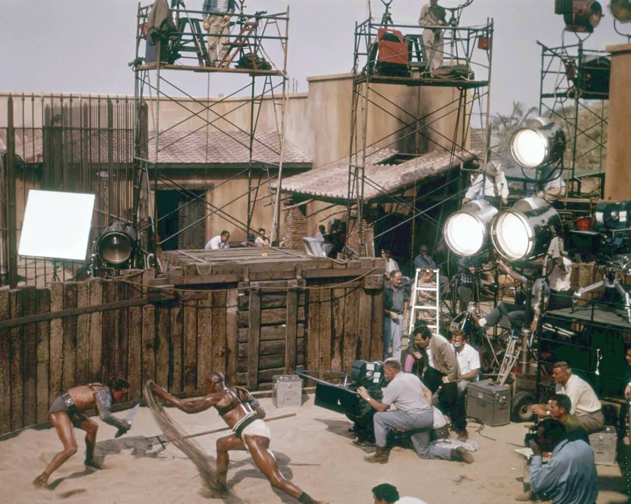Stanley Kubrick, Woody Strode, And Kirk Douglas On The Set Of Spartacus, 1960.