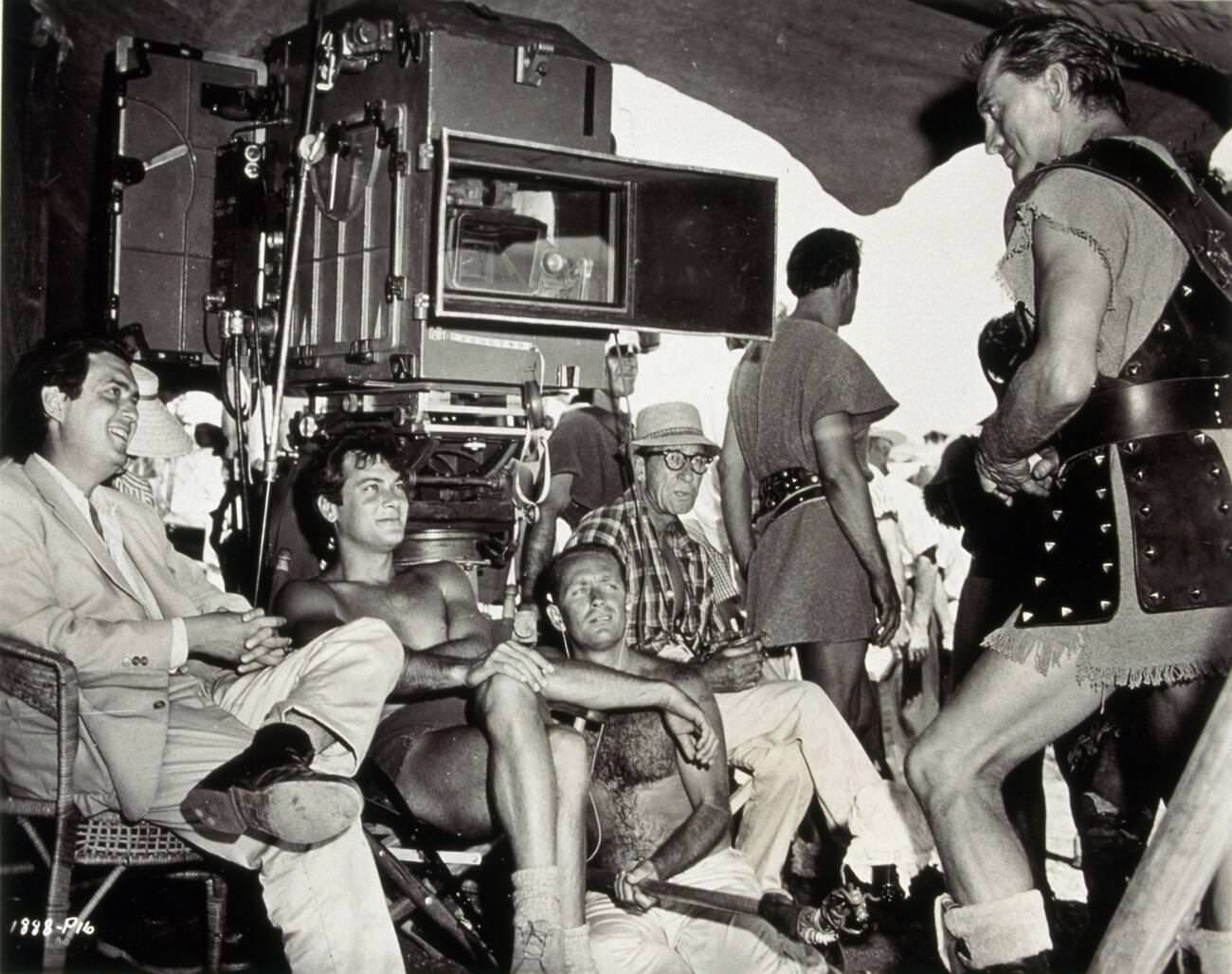 Andy Anderson, Tony Curtis, Kirk Douglas, Ledger Haddow, And Stanley Kubrick On The Set Of Spartacus, 1960.