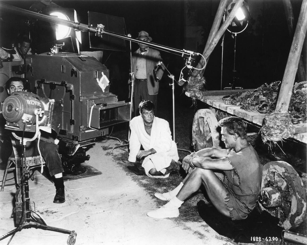 Stanley Kubrick Directing Tony Curtis And Kirk Douglas On The Set Of Spartacus, 1960.