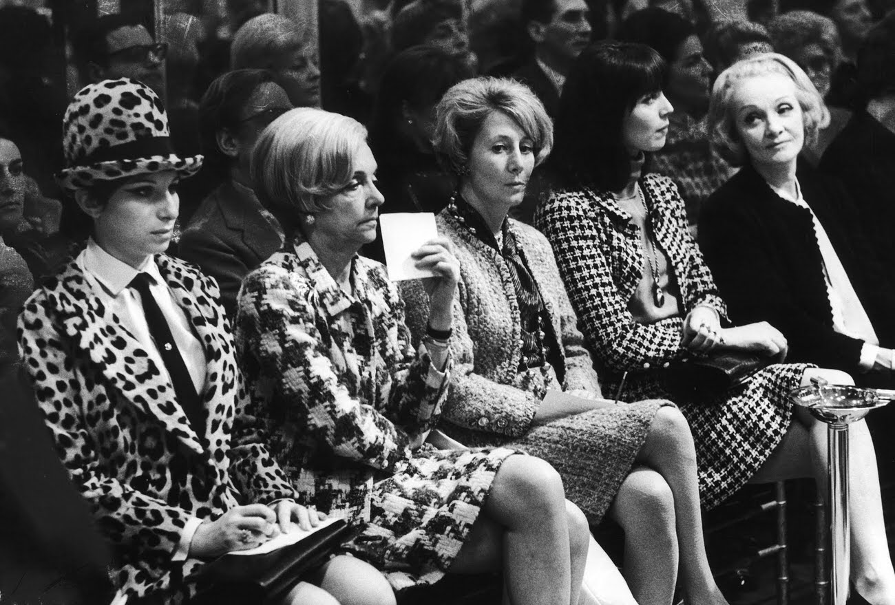 In Paris To Be Photographed By Vogue, In A Jaguar Suit She Designed Herself, Barbra Streisand Watches Chanel Spring Collection Opening In Stony Silence. At Far Right Are [Actress And Model] Elsa Martinelli And Marlene Dietrich.