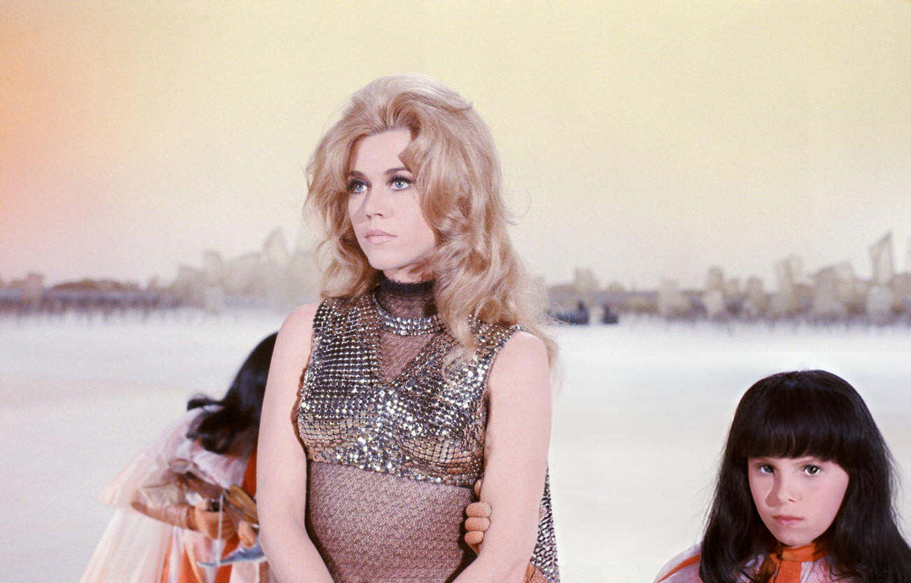 Jane Fonda With Two Extras In A Scene From &Amp;Quot;Barbarella&Amp;Quot;, 1967.