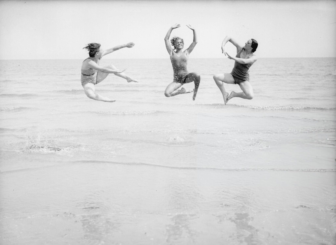 Margaret Morris Movement Dancers Performing Agile Leaps At Sandwich Beach, Kent, 1935.