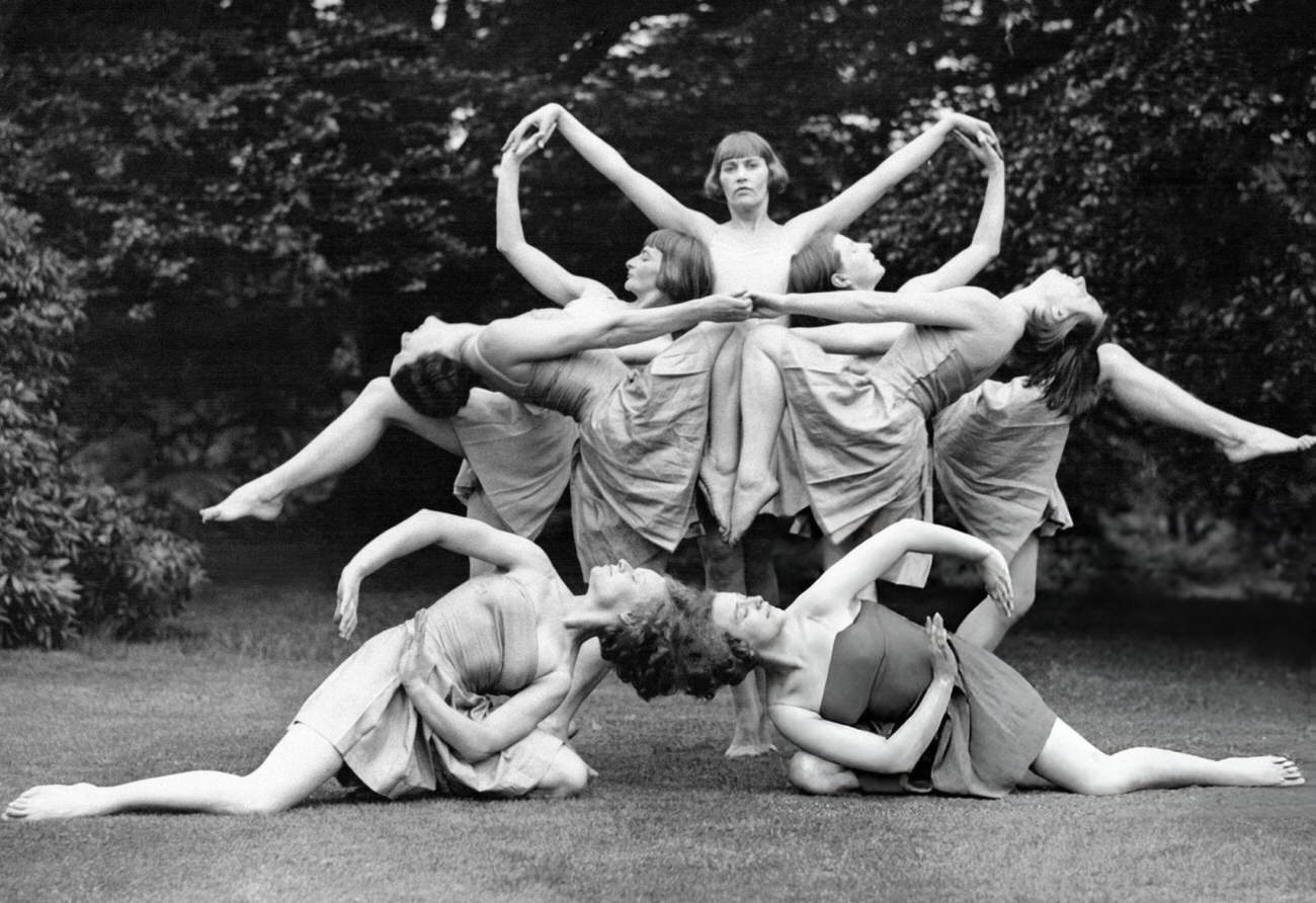 Margaret Morris Dancers Rehearsing An Acrobatic Pyramid In Highgate, London.