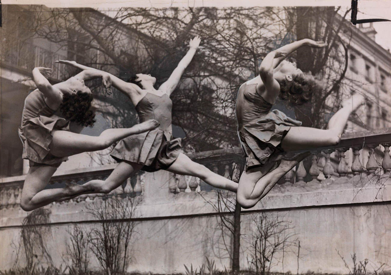 Three Female Dancers Leaping At Margaret Morris Dance School.