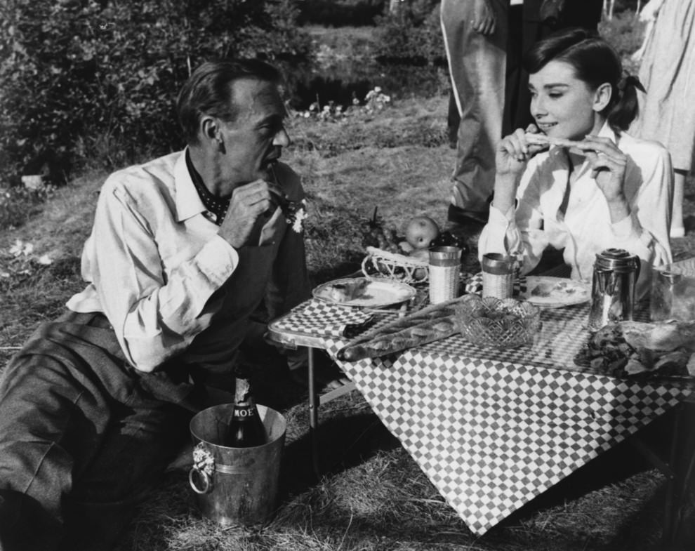 Audrey Hepburn &Amp;Amp; Gary Cooper Sharing A Picnic. On The Paris Set Of The Film 'Love In The Afternoon', 1956.