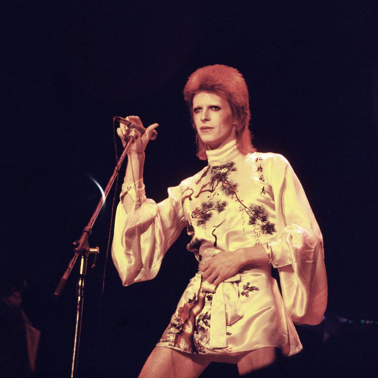 In A Printed Mini Dress Performing On His Ziggy Stardust/Aladdin Sane Tour In London, 1973.