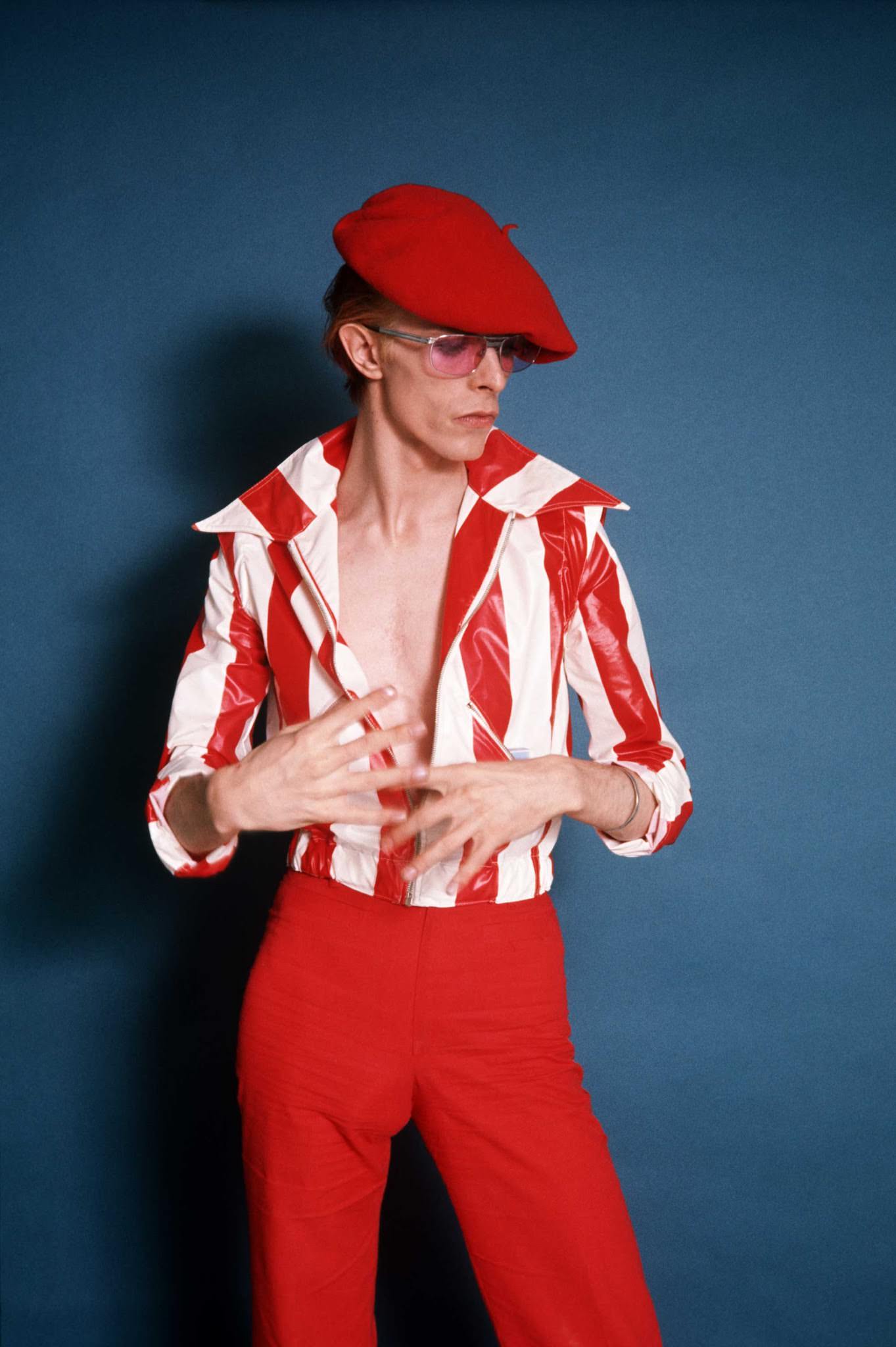 David Bowie In The Red And White Striped Outfit During The 1974 Photo Shoot In Los Angeles.