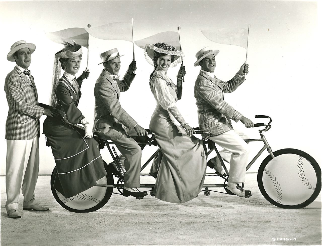 Betty Garrett, Frank Sinatra, Esther Williams And Gene Kelly Ride A Bike. Jules Munshin Stands. 1949