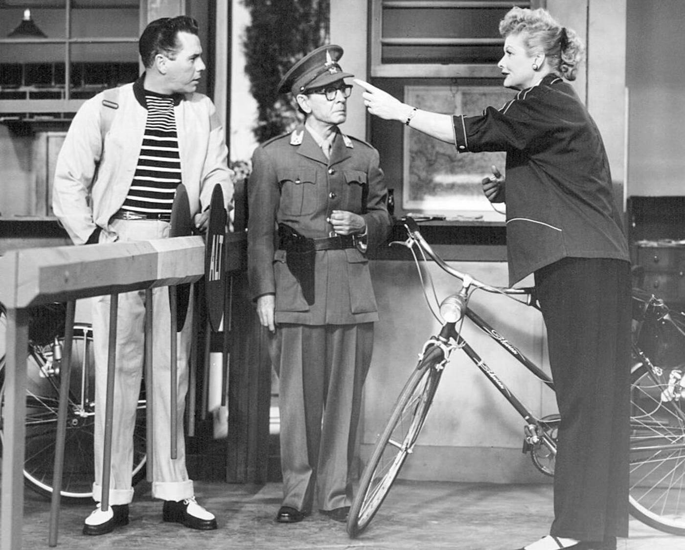 Desi Arnaz And Lucille Ball During Lucy’s Bicycle Trip Scene From 'I Love Lucy', 1955.