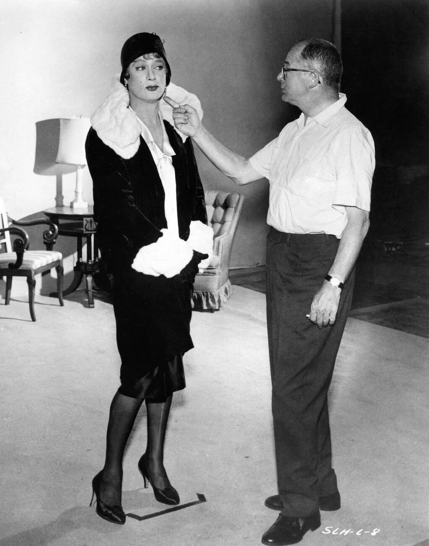 Tony Curtis Has His Female Costume Checked By Billy Wilder On Set During Filming Of &Amp;Quot;Some Like It Hot&Amp;Quot;, 1959.