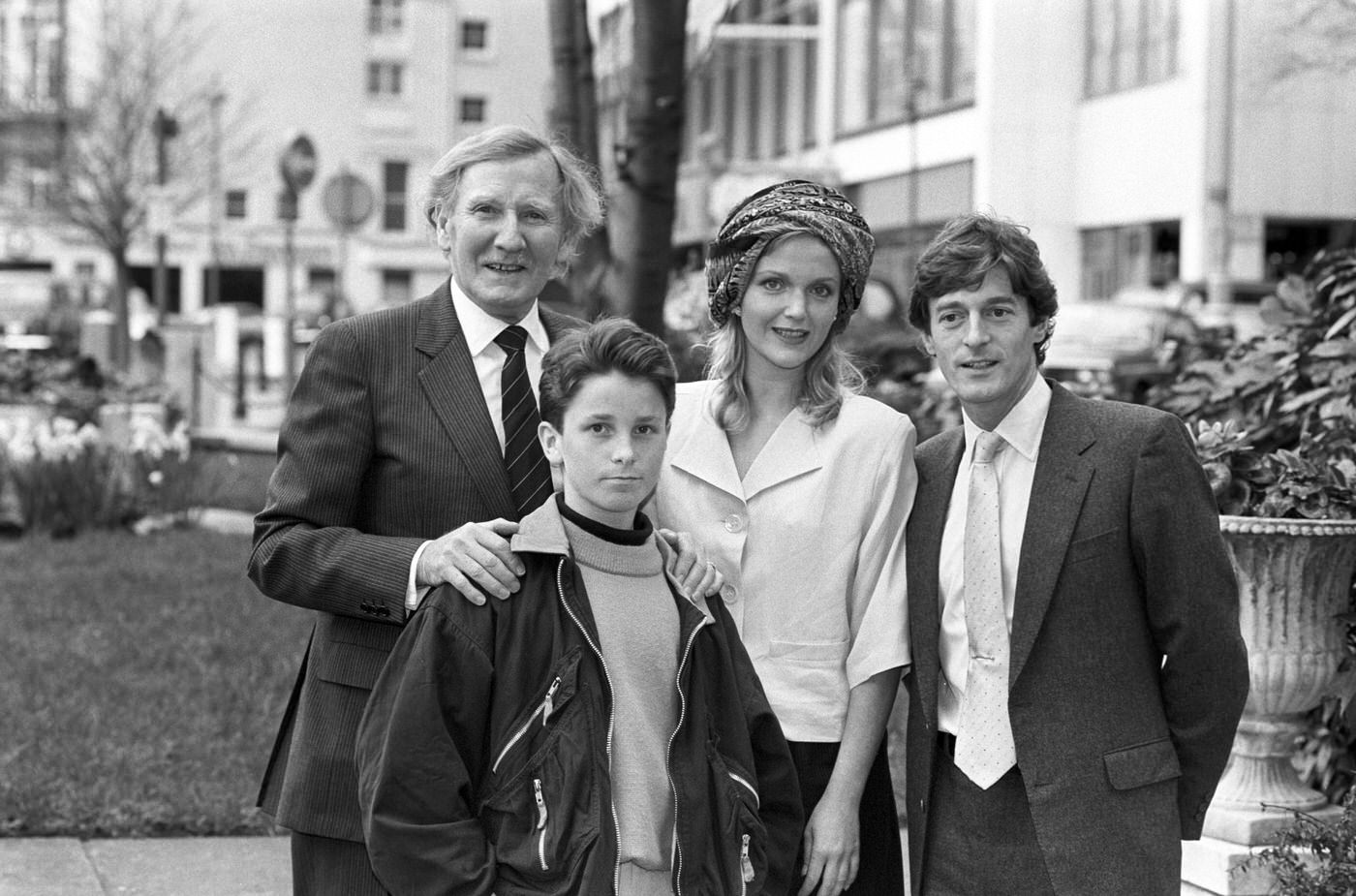Stars Leslie Phillips, Christian Bale, Miranda Richardson, And Nigel Havers Meet In London Before The Royal Film Performance Of ‘Empire Of The Sun’, 1988.