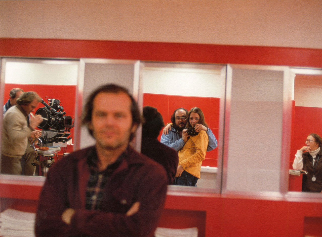 Jack Nicholson, (In Reflection) Stanley Kubrick And Daughter, Vivian, On Set.