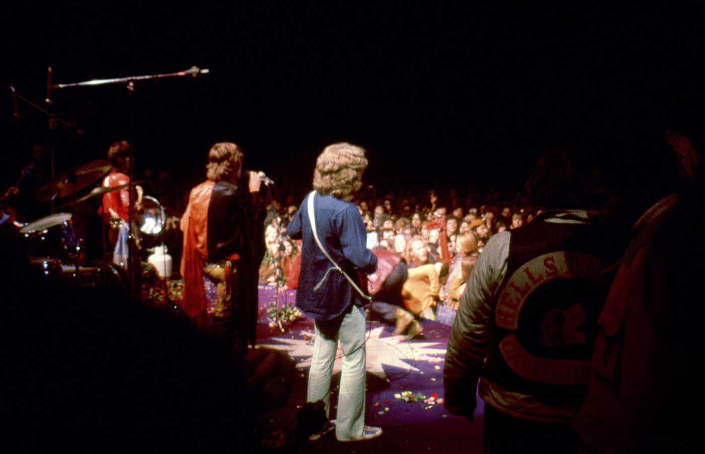The Rolling Stones Performing As The Hells Angels Guard The Stage At The Altamont Free Concert, 1969.