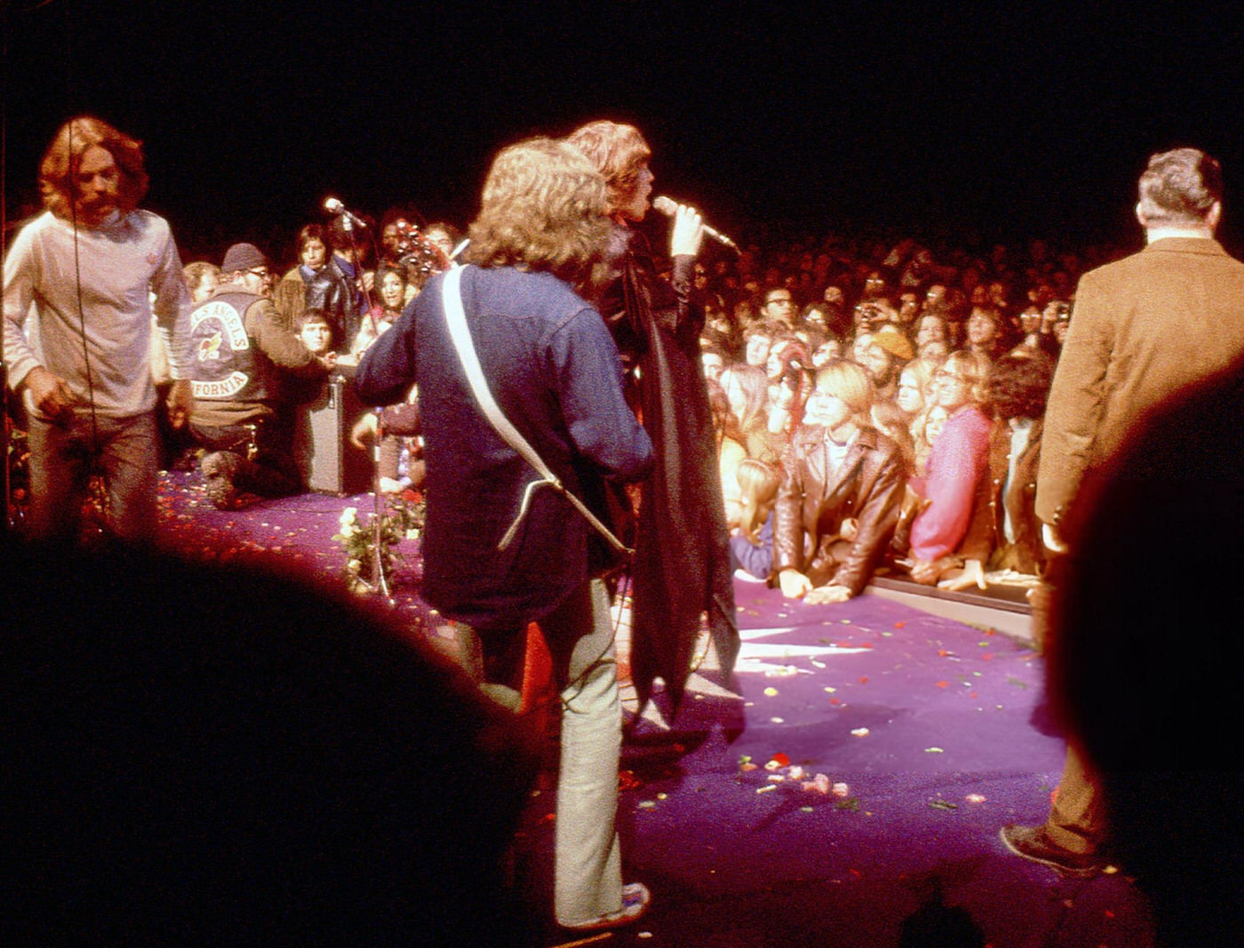 The Rolling Stones Performing As The Hells Angels Guard The Stage At The Altamont Free Concert, 1969.