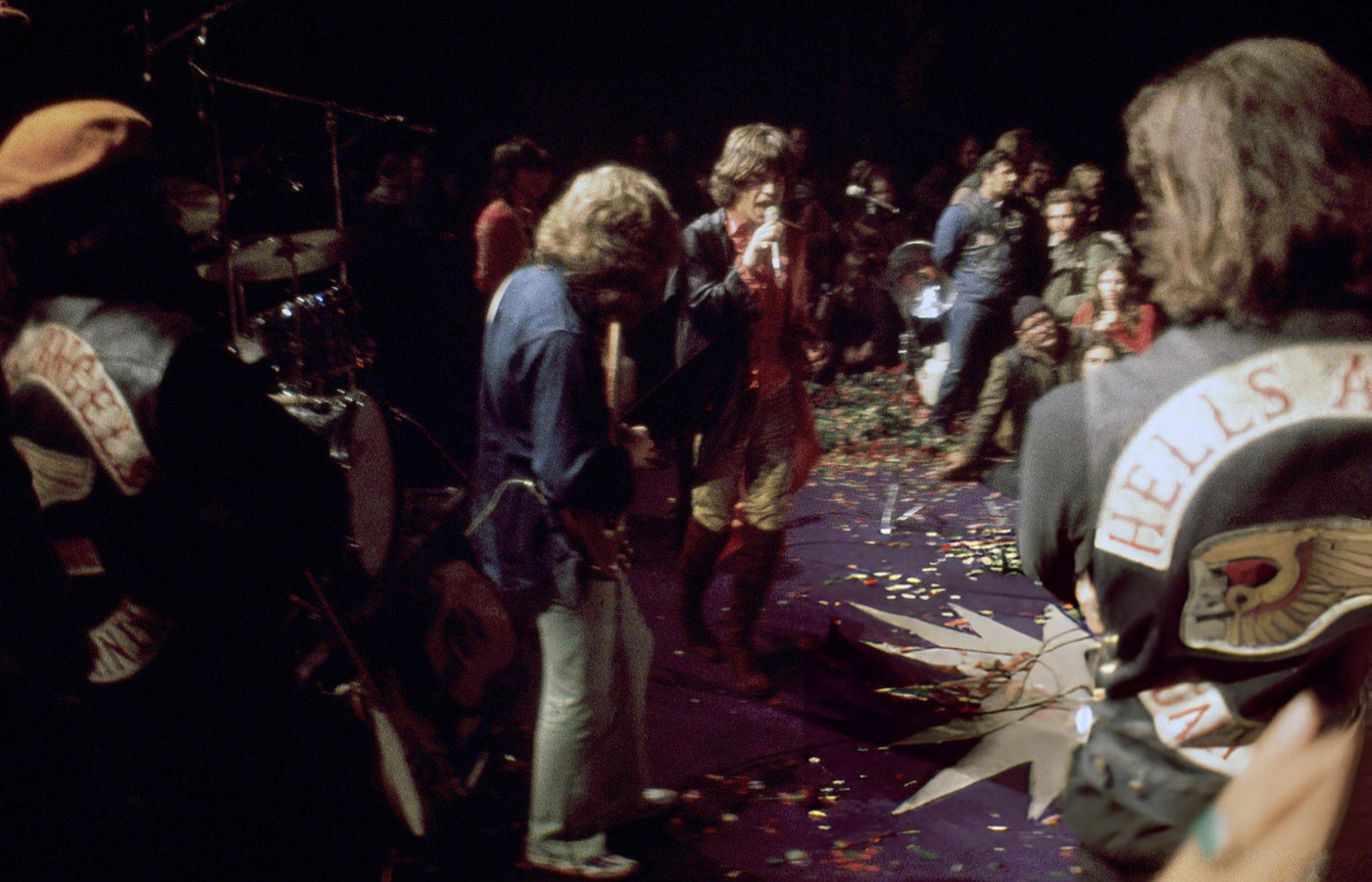 The Rolling Stones Performing As The Hells Angels Guard The Stage At The Altamont Free Concert, 1969.