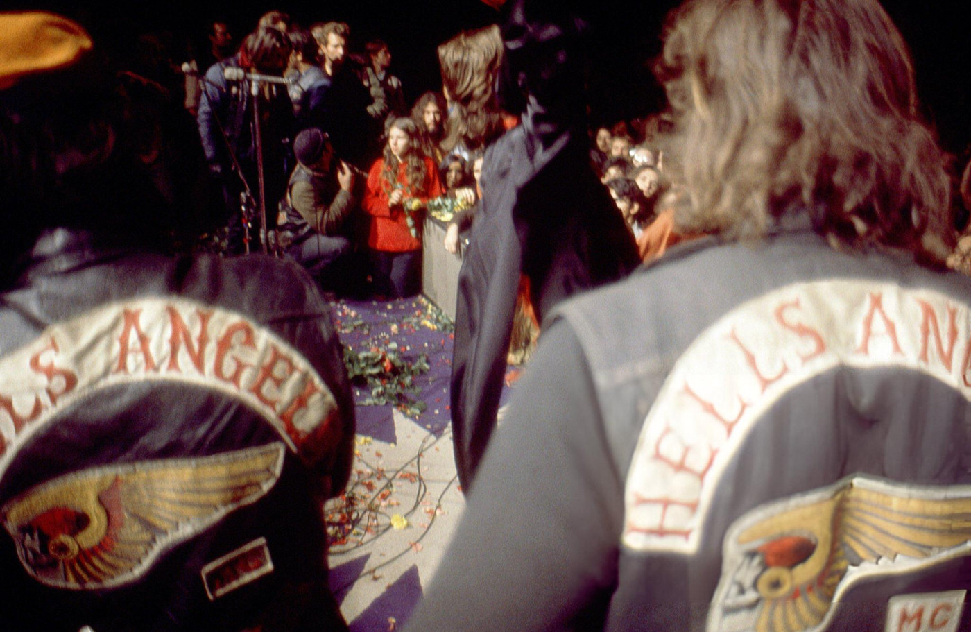 Mick Jagger Performing As The Hells Angels Guard The Stage At The Altamont Free Concert, 1969.
