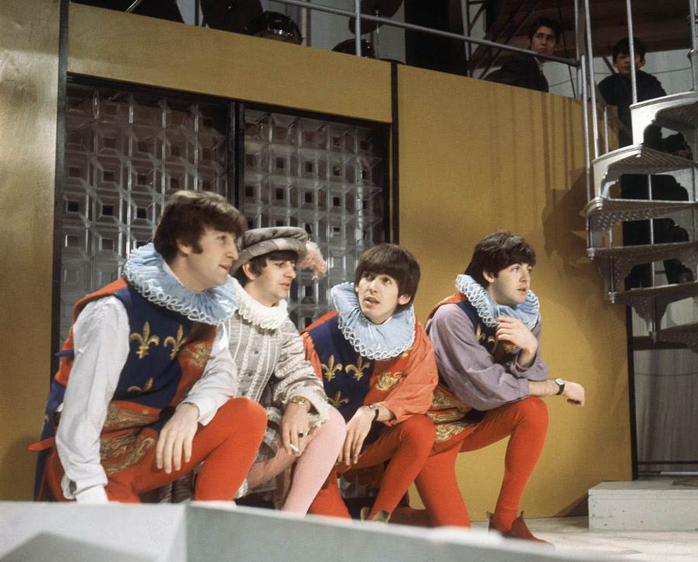 The Beatles Rehearse For Their Forthcoming Television Show At Wembley Studios In London, April, 1964; Ringo Starr Is Costumed As Sir Francis Drake, And John Lennon, George Harrison, And Paul Mccartney Play Heralds.