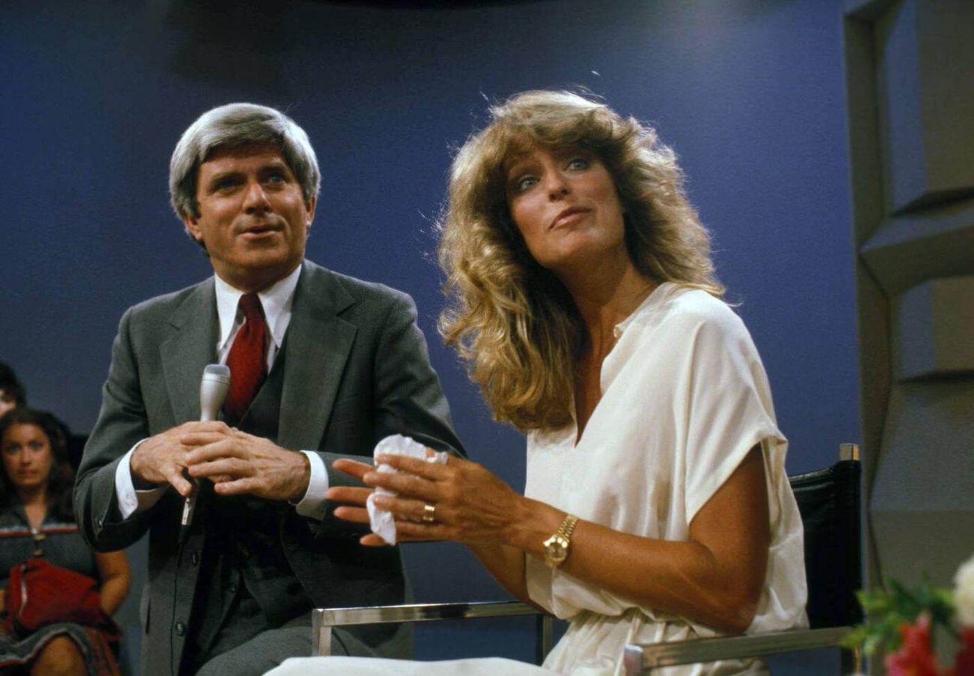 Farrah Fawcett With Phil Donahue During Taping Of The Phil Donahue Show, 1978.