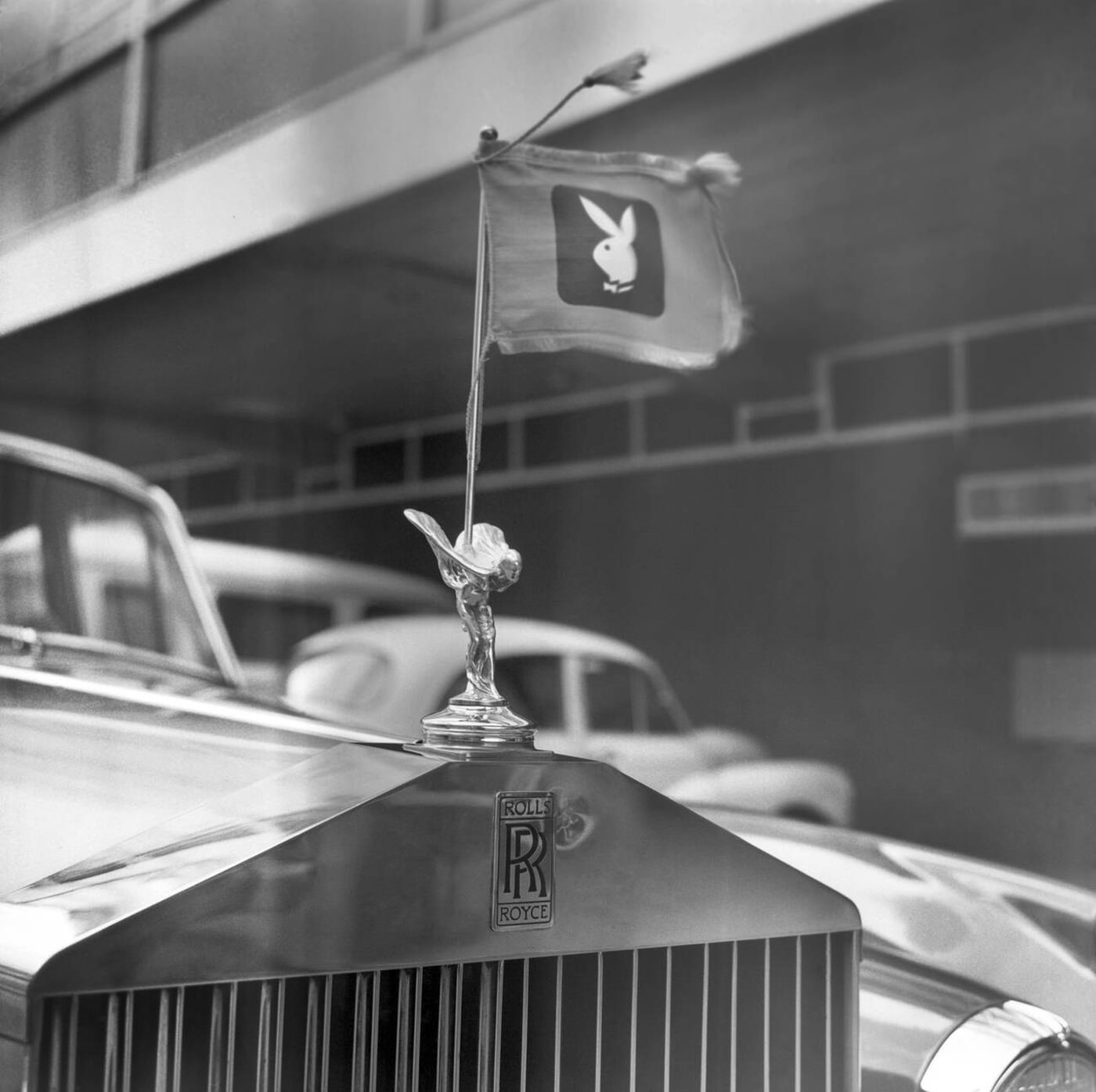 The Badge Of The Bunnies On A Rolls Royce At London Airport, The Car Which Brought Hugh Hefner To London After Arrival From America To Attend The Official Opening Of His First Playboy Club In Europe At London'S Park Lane, 1966.